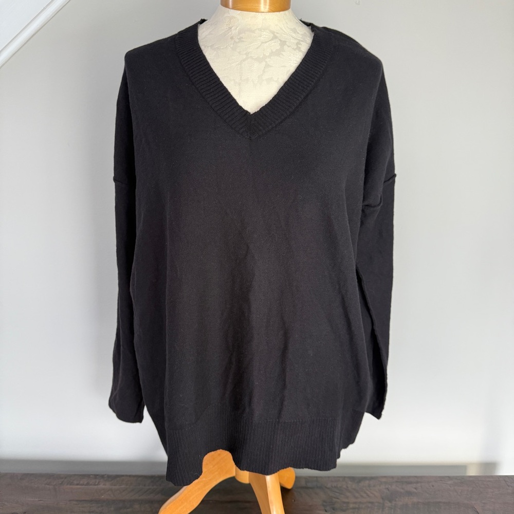 HANNAH ROSE Black Cotton Cashmere Remi Oversized V-Neck Sweater Medium NWT